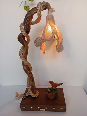 Handmade table lamp from natural driftwood and linen