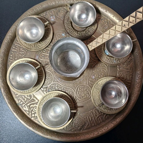 Coffee set bronze vintage used, 6 cups, saucers and briki