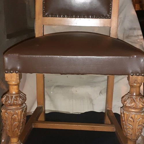 Vintage dining chairs used, set of 6, wooden leather with carved legs