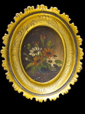 Pair of small oval paintings with embossed gold frames, like new