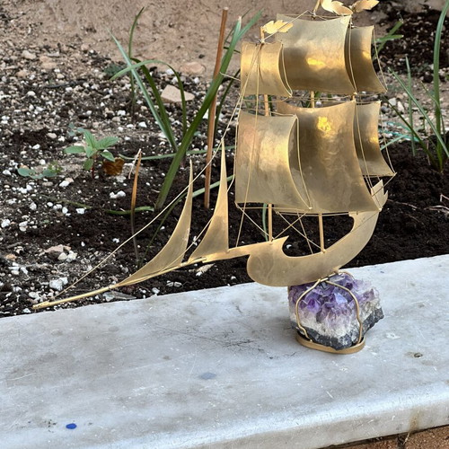 Vintage brass sailing ship on natural amethyst, 37×32 cm
