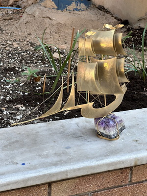 Vintage brass sailing ship on natural amethyst, 37×32 cm