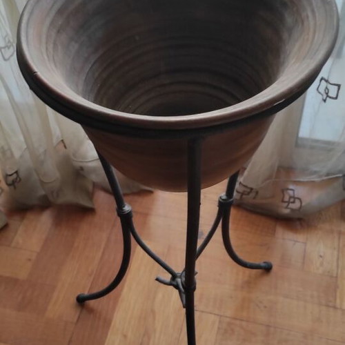 Ceramic vase used on metal tripod stand height 70 cm