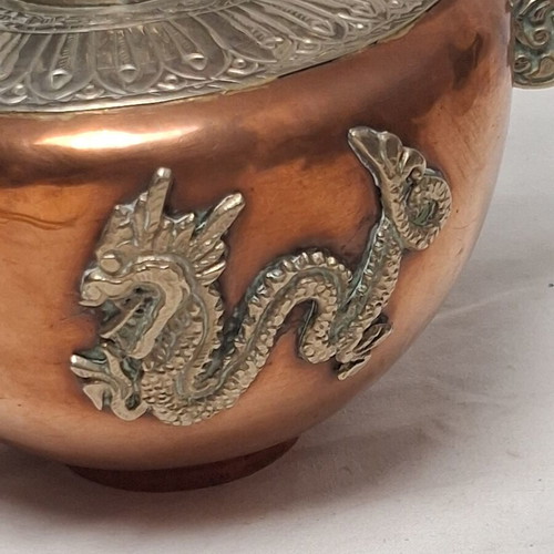 Vintage Tibetan Ewer Copper with Silver Dragon Motifs like new