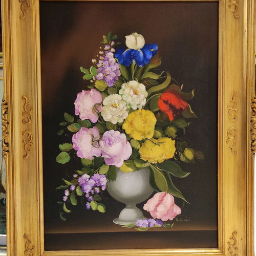 R.Rosini painting artwork used, vintage with golden carved frame
