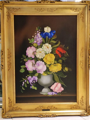 R.Rosini painting artwork used, vintage with golden carved frame