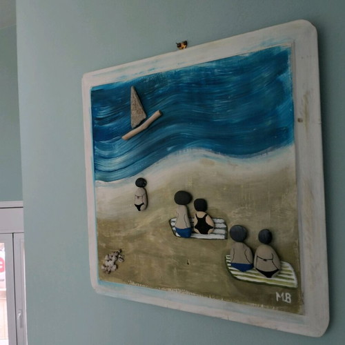 Paralia painting new with wood and pebbles 3D relief