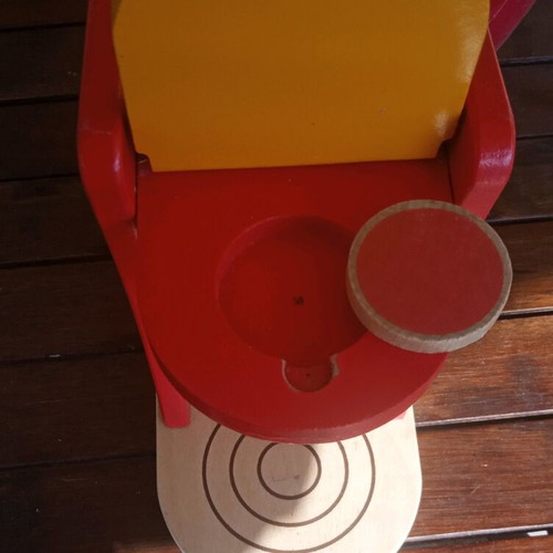 Wooden coffee maker toy used with plastic cups and milk jug