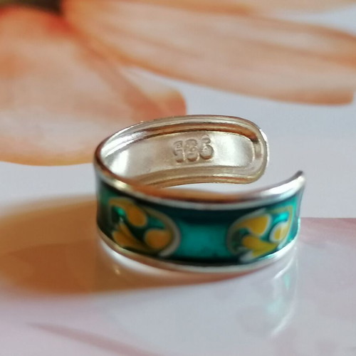 Silver 925 Painted Petrol Color Toe Ring new with Yellow and White Designs