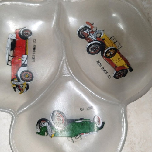 Vintage nut dish used, matte glass with 1925-1929 car illustrations