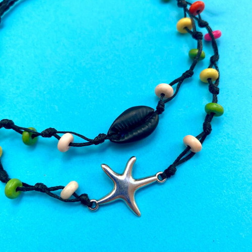 Anklet set with stainless steel starfish, cowrie shell and colorful beads new