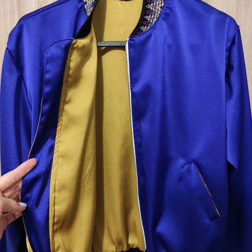 Handmade Bomber Jacket new, blue-purple with embroidered knit trims