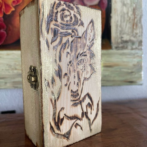 Wooden box with pyrography and gold dust, new