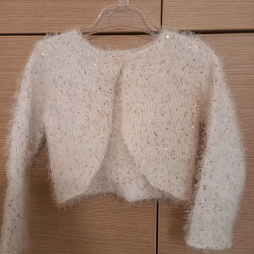 Knitted bolero cardigan used, white with gold thread and sequins, 24 months