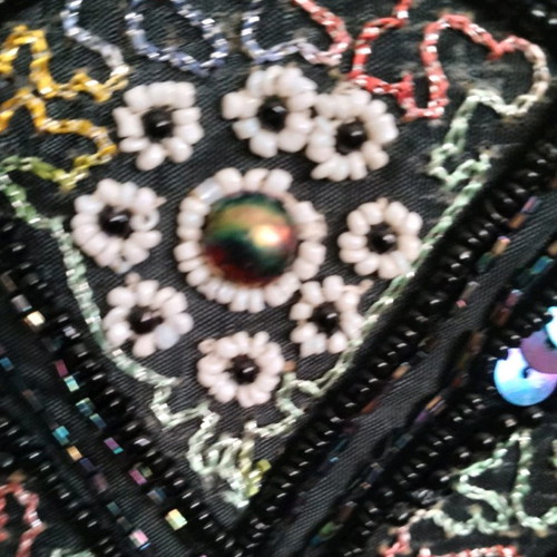 Handmade vintage fabric belt used, embroidered with glass beads and strass