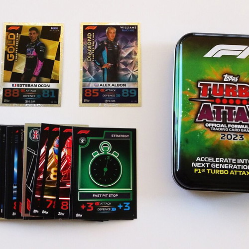 Topps F1 Turbo Attax 2023 green metal tin with 40 cards and 2 Limited like new