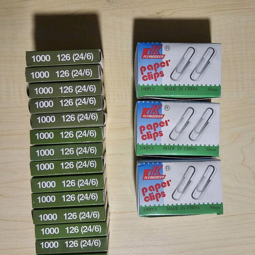 Office supplies new, 14 boxes stapler refills and 3 boxes paper clips