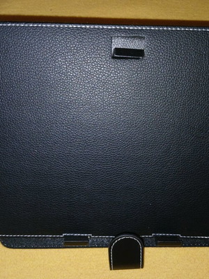 Tablet case book-style like new, black synthetic leather with white stitching