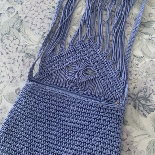Boho Handmade Macrame Shoulder Bag like new, blue with lining and fringes