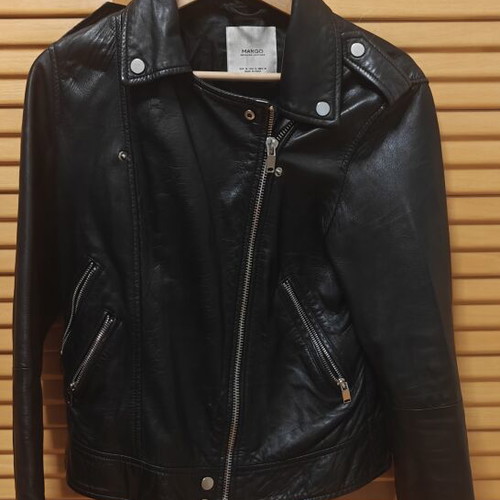 Mango Genuine Leather Biker Jacket used, black, size S