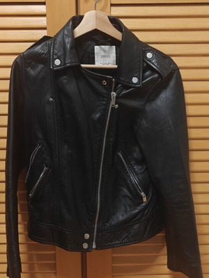 Mango Genuine Leather Biker Jacket used, black, size S