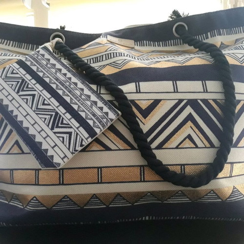 Τσάντα θαλάσσης Bag to Bag καινούργια με μικρό τσαντάκι, μπλε και χρυσαφί