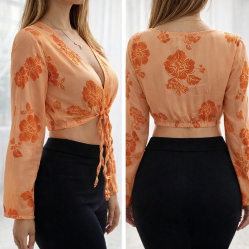Floral Orange Crop Top with Front Tie Size S New with Tags
