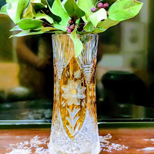 Bohemian Crystal Vase hand-cut with carved flowers, like new
