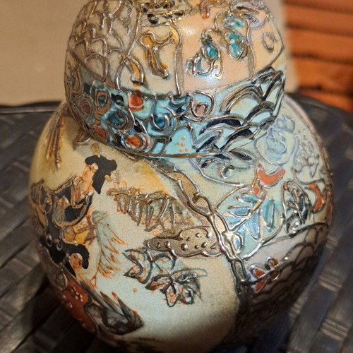 Satsuma vase with Moriage handpainted decoration, vintage