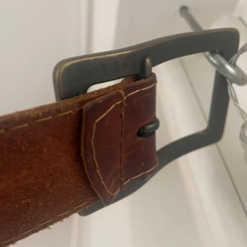 BsB belt with blue elastic and brown leather buckle