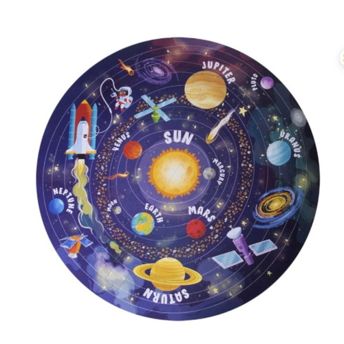 Apli circular puzzle with planets and poster