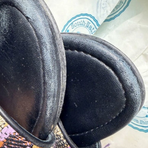 Glamazons leather slides used, size 39, black and multicolor
