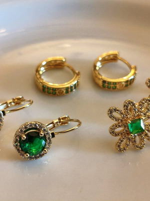 Steel earrings new with real crystals, white and green