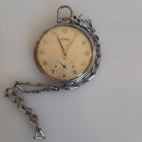 Pocket Watch Technos used, with silver chain, 1947, Swiss Made