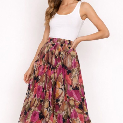 Maxi skirt with abstract floral patterns, like new, one size, cotton