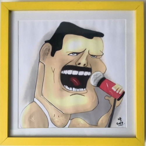 Handmade caricature wall art with signature in glass frame 35x35 cm