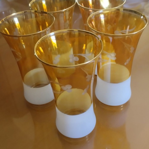 Vintage glass set of 5 with amber glass and white satin base like new