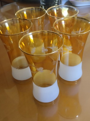 Vintage glass set of 5 with amber glass and white satin base like new