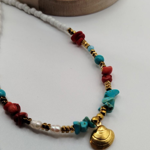 Handmade necklace with turquoise, howlite, coral, pearl, hematite, stainless steel