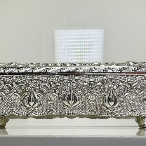 Metallic Ornate Jewelry Box with Oriental Embossed Design and Velvet Lining