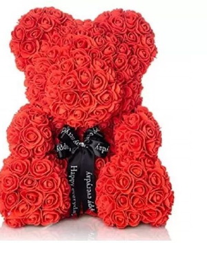 Bear made of artificial flowers 65cm new, red with black ribbon