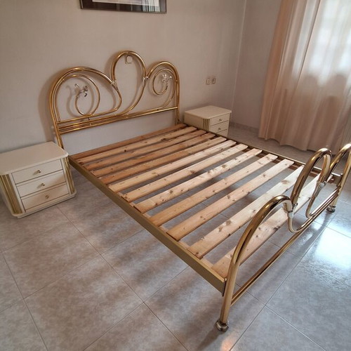 Vintage 90s metal double bed and 2 wooden bedside tables, Zakhar factory