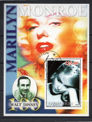 Uzbekistan philatelic sheet 2002 used, Marilyn Monroe and Walt Disney
