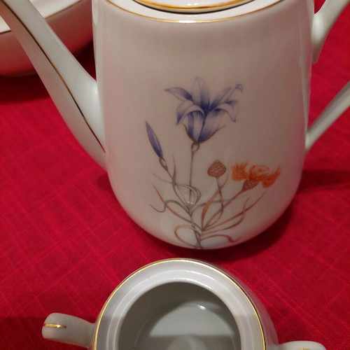Bohemian porcelain teapot and sugar bowl like new, white with gold trim and floral design