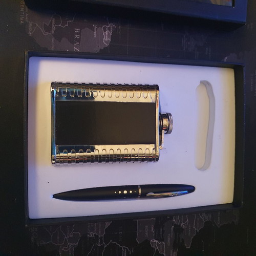 Gift set with flask and metal pen, new