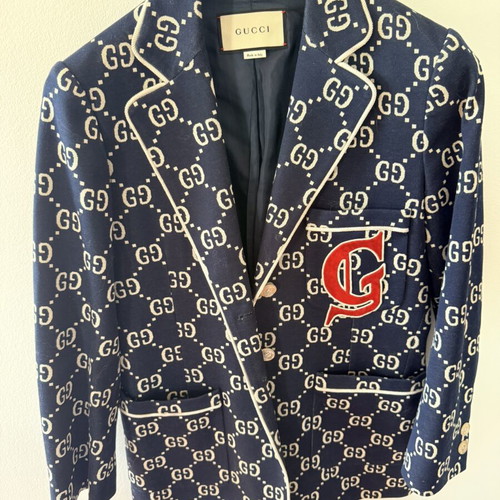 Gucci GG Jacquard Blazer Navy Ivory Wool Jacket Size 42