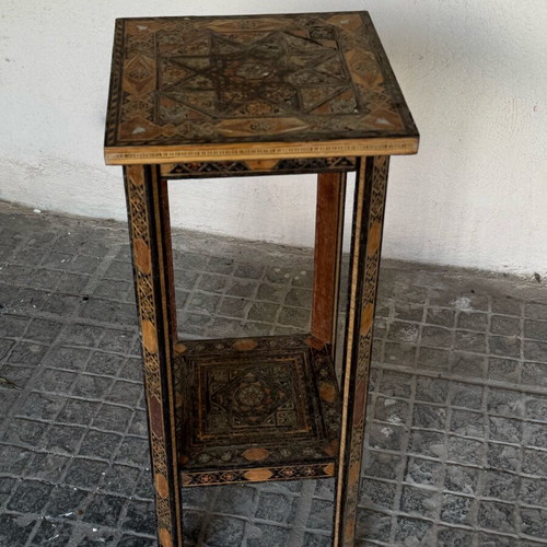 Wooden decorative table with carvings used, vintage style