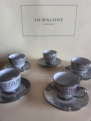 Greek Meander Silver Porcelain Espresso Tea Set Service for 5 like new