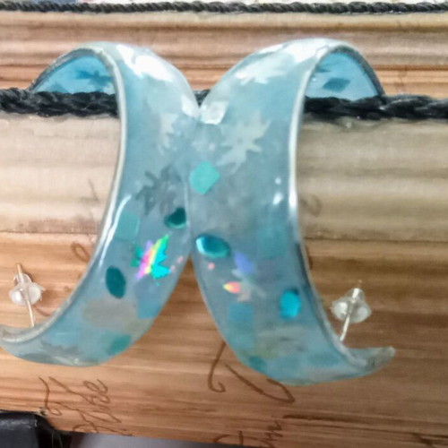 Handmade blue earrings with iridescent leaves new