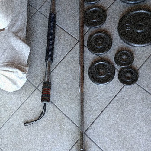 Barbell and weights set, 10 kg bar, various weight plates